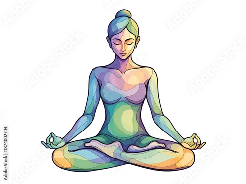 Woman Meditating in Lotus Position with Rainbow Colors