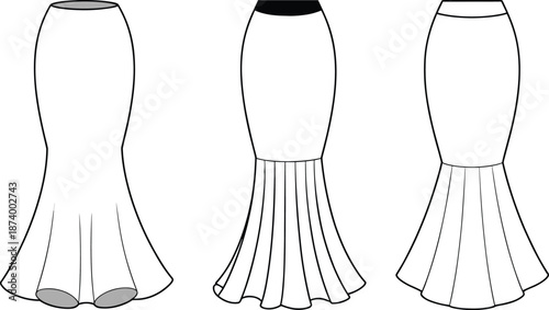 Women’s mermaid skirt fashion design templates with flared hem variations, sewing pattern, CAD drawing flat vector illustration for apparel design