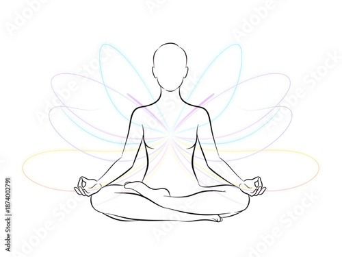 Meditating Person Lotus Position with Aura Isolated on White