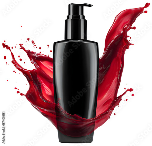 Elegant cosmetic dispenser with vibrant red splash. The black bottle contrasts sharply with the dynamic red liquid, creating a visually striking composition.