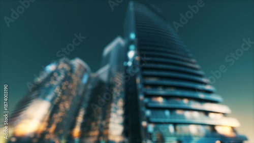 Photos Tall modern buildings rise against a deepening twilight sky, their windows sparkling with reflections of street lamps and fading sunlight