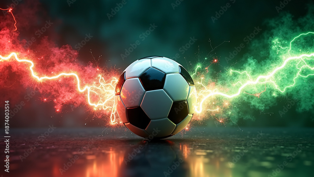 Fototapeta premium Classic black‑and‑white soccer ball centered on a reflective surface, surrounded by vivid red and green lightning arcs that flare outward against a dark, smoky backdrop, creating a dramatic, high‑ener
