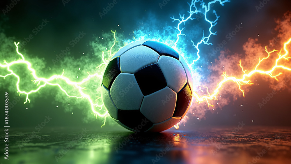 Fototapeta premium Classic black‑and‑white soccer ball on a reflective surface, surrounded by vivid lightning bursts—green on the left and blue shifting to orange on the right—set against a dark backdrop for a dramatic,