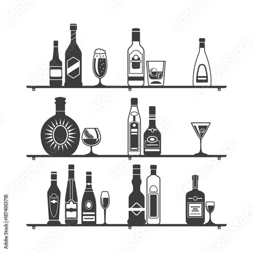 Bottles on shelves. alcoholic drinks in different bottles standing on bar shelves
