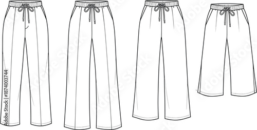 Women’s pants and culottes flat sketch, fashion technical drawing, loose fit trousers design template, front view vector illustration
