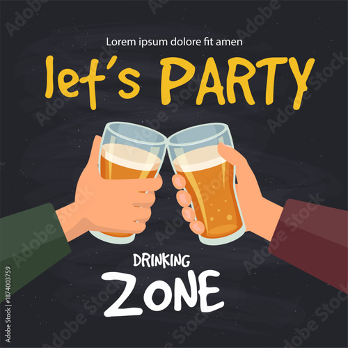 Brewery placard. alcohol party invitations. hands holding beer glasses