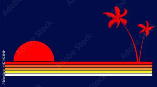 Palm trees and sunset by the sea. Palm trees on the seashore. Beach vacation on hot days.