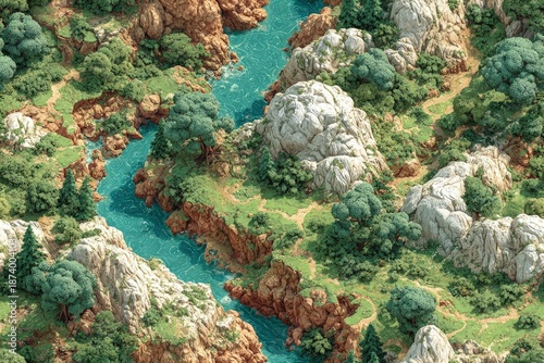Top-down seamless terrain map texture fantasy RPG style blended biomes with forests rivers and mountains repeatable tile pattern muted colors