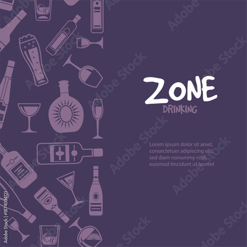 Zone drinking. stylized illustration of alcoholic bottles and glasses. vector background