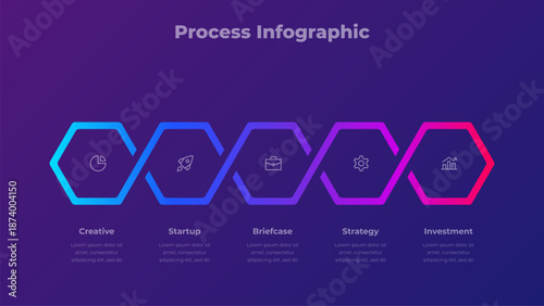 5 Steps Hexagon Line Infographic Diagram Presentation Template with Process Options on Dark Purple Background