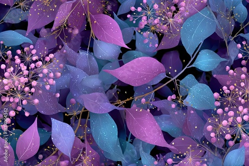 Whimsical Elderberry and fairy garden border watercolor whimsy with sparkling dew drops ethereal twilight color palette seamless pattern background