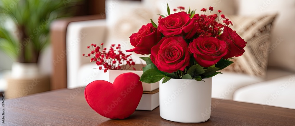 Obraz premium Red roses in vase beside heart-shaped pillow and cupid toy on table in cozy living room for Valentine's Day celebration