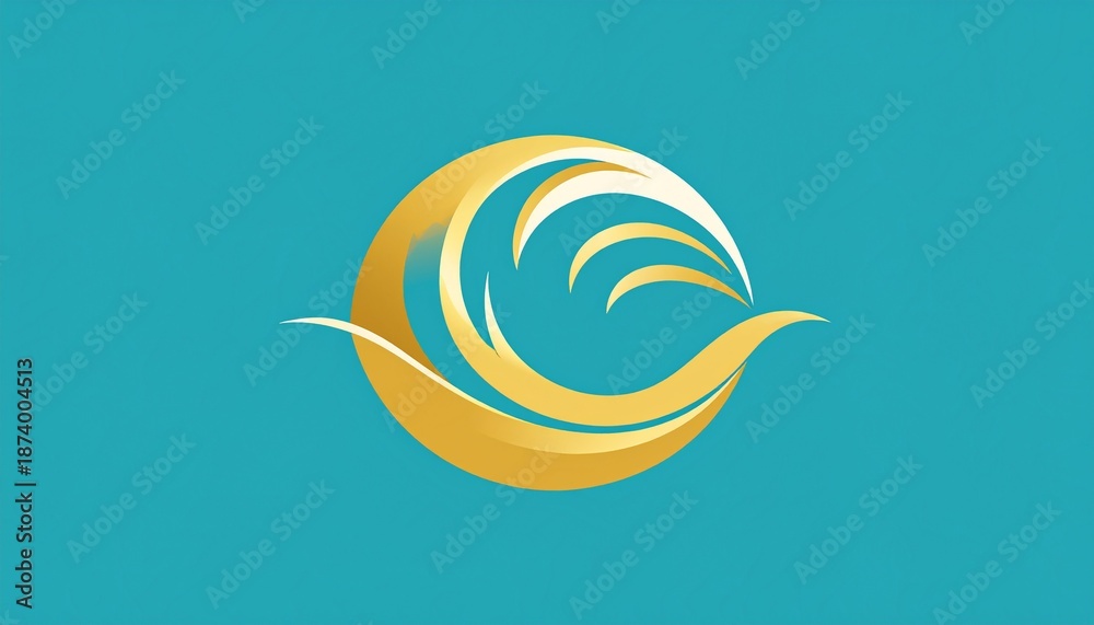 Fototapeta premium Golden Wave Logo Icon Isolated on Turquoise Gradient Background Minimalist Design