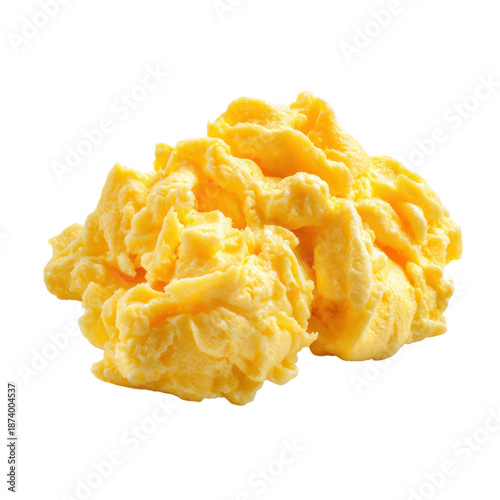 Golden scrambled eggs, fluffy breakfast egg curds with creamy texture, cooked omelet-style eggs for brunch menus isolated on Transparent Background