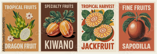 Retro botanical poster set of dragon fruit, kiwano, jackfruit, and sapodilla in a 2x2 grid with distinct colors and mid-century vintage style.