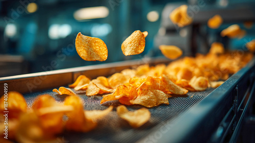 Crispy potato chips move along a conveyor belt in a food production facility, a concept of a snack factory and industrial food preparation.
