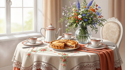 An idyllic still life with cherry pie and wild bouquet, pastel and warm colors, a cozy family tea party in honor of Mother's Day or Easter breakfast