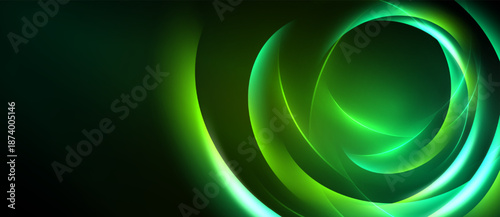 Abstract green swirls create dynamic visual effect. Dark background emphasizes glowing curves, offering modern aesthetic.