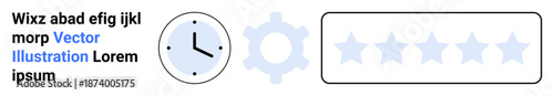 Productivity, task management, user interface, time management, settings, feedback. Minimalist clock, gear symbol and rating stars. Productivity and task management ideas