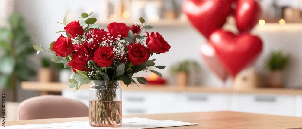 Fototapeta premium Valentines day scene with red roses in a vase and heart-shaped balloons on a table in a room