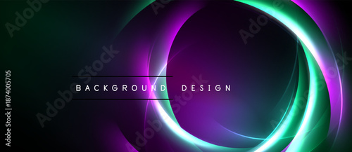 Abstract neon circles overlap dark background. Vibrant green, purple hues create dynamic visual effect. Text reads background design.