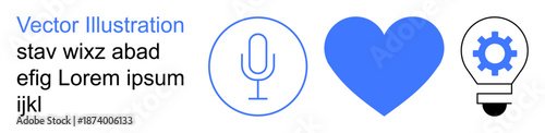 Communication, creativity, innovation, emotional connection, technology, design. Blue microphone, heart and lightbulb with gear symbols. Communication and creativity concepts