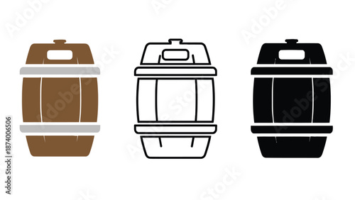 Three different colored beer barrels on a white background