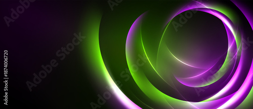 Abstract swirls, vibrant purple, green hues dominate dark background. Dynamic energy radiates from central focal point.