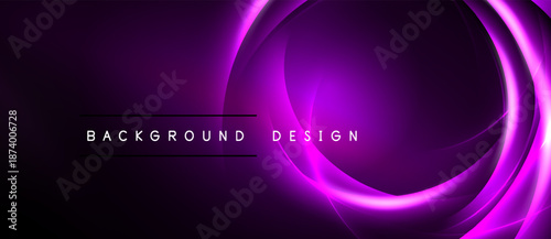 Purple abstract background. Concentric glowing lines create dynamic visual effect. Dark space surrounds bright central design elements.