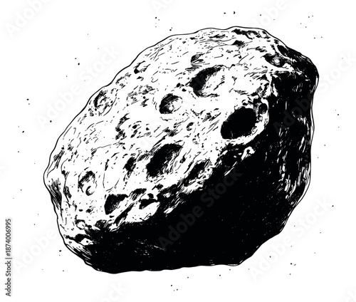 Hand drawn line art illustration of an asteroid depicting a rough, cratered surface for outer space concepts