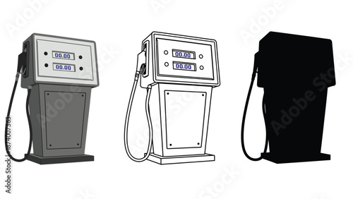 An illustration of three different gas pumps in various design styles and colors