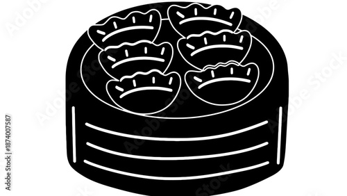 A black and white illustration of a plate of dumplings on a table