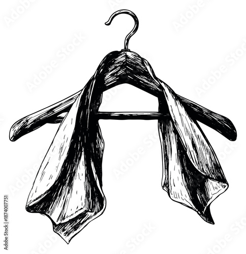 Hand drawn line art illustration of a clothes hanger depicting a draped piece of fabric for fashion and clothing concepts