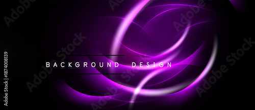 Dark purple abstract background. Glowing lines create swirling shapes, modern design element. Text reads background design.