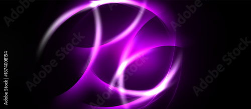 Abstract purple swirls radiate from center. Bright lines contrast dark background creating dynamic visual effect. Smooth curves suggest energy, motion.