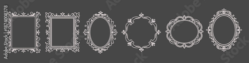 Elegant whimsical lace paper frames set with vintage ornate borders in rectangular and oval shapes with whimsy lines and squiggles. Wedding invitations, photo overlays, scrapbooking, romantic branding