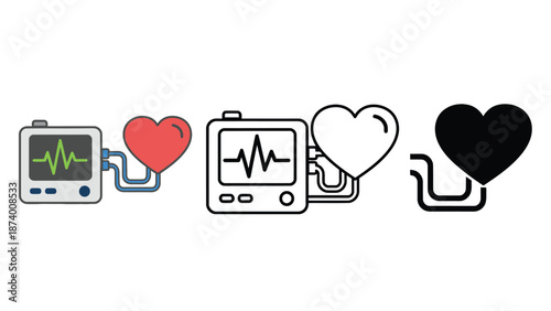 Medical equipment and heart symbols in a line on a white background