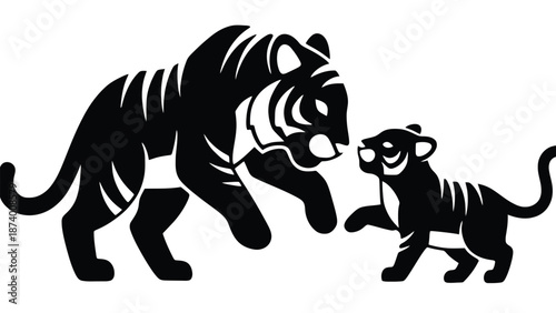 A large tiger and a small tiger face each other in a playful stance