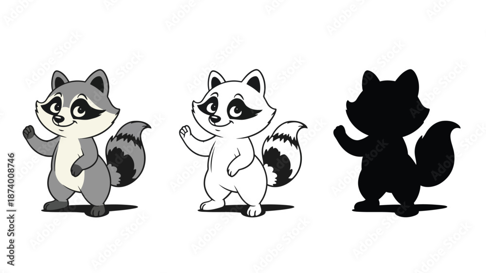 Obraz premium Three cartoon raccoons in different color styles on a white background
