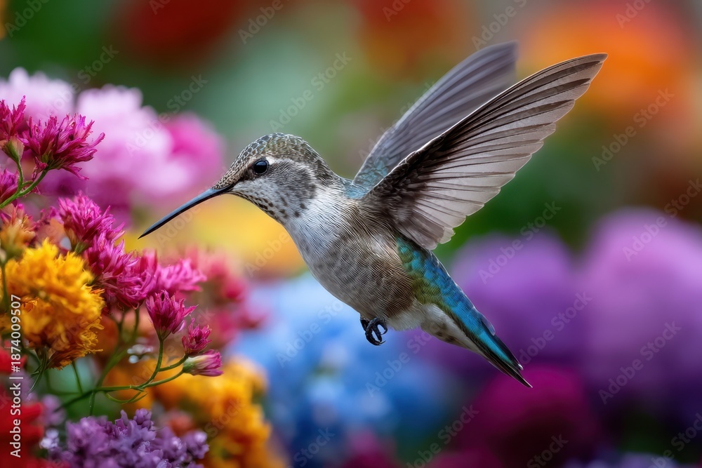 Fototapeta premium Hummingbird in Flight Near Vibrant Blossoms A Garden Jewel