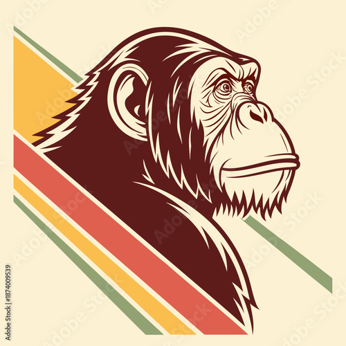 Stylized orangutan head portrait in retro illustration style, bold lines and warm colors, clean vector artwork, suitable for logo, poster, apparel, and branding projects.