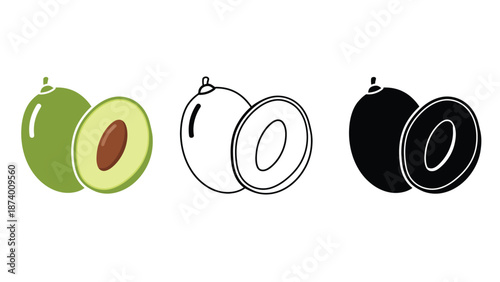 An illustration of avocados in different colors and styles on a white background