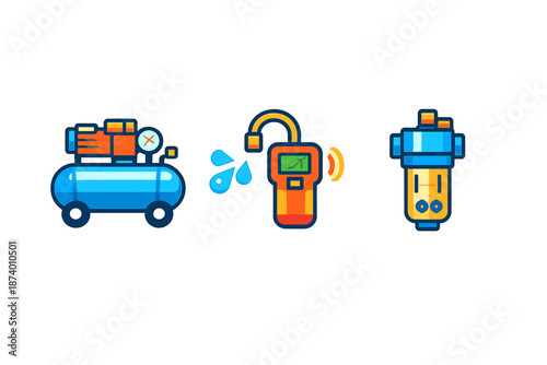 Three icons representing compressed air tools on a dark background