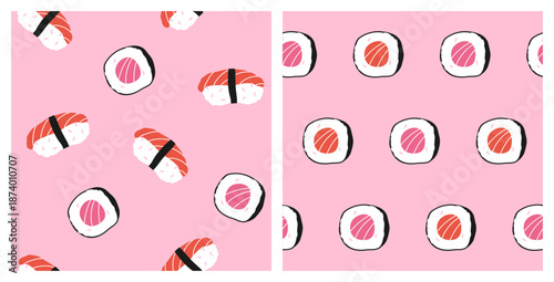 Cute seamless set of food patterns: nigiri sushi and maki rolls on a pink background, traditional Japanese dish, Asia; simple hand-drawn vector illustration in a flat style