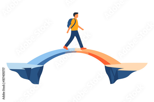 Person walking across a glowing bridge between two ledges