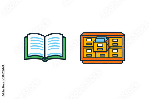 Open book and file cabinet icons