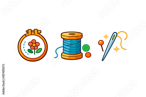 Embroidery hoop, spool of thread, buttons, and needle with thread