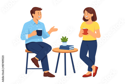 Two people talking over coffee at a table