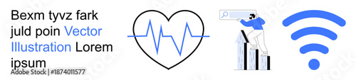 Healthcare, analytics, connectivity, communication, technology, progress. Heartbeat inside a heart shape, magnifying glass bar graph wireless icon. Healthcare and analytics conveyed visually