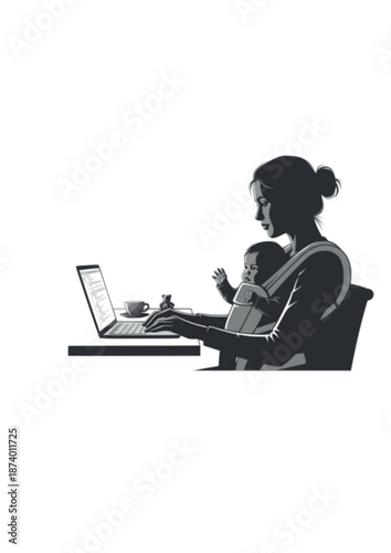 Modern matherhood Silhouette, mom with Baby Carrier Working at Desk, Work-Life Balance and Parenting Diversity Vector Graphic